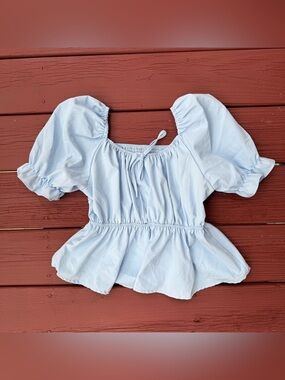 Light Blue Puff-Sleeve Peplum Top